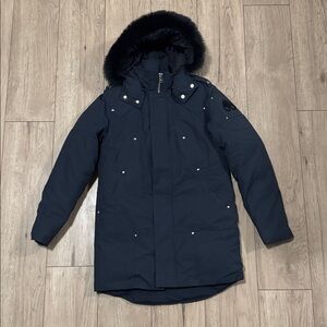 Moose Knuckles Shearling Trim Navy Blue Winter Parka Men’s Medium Authentic